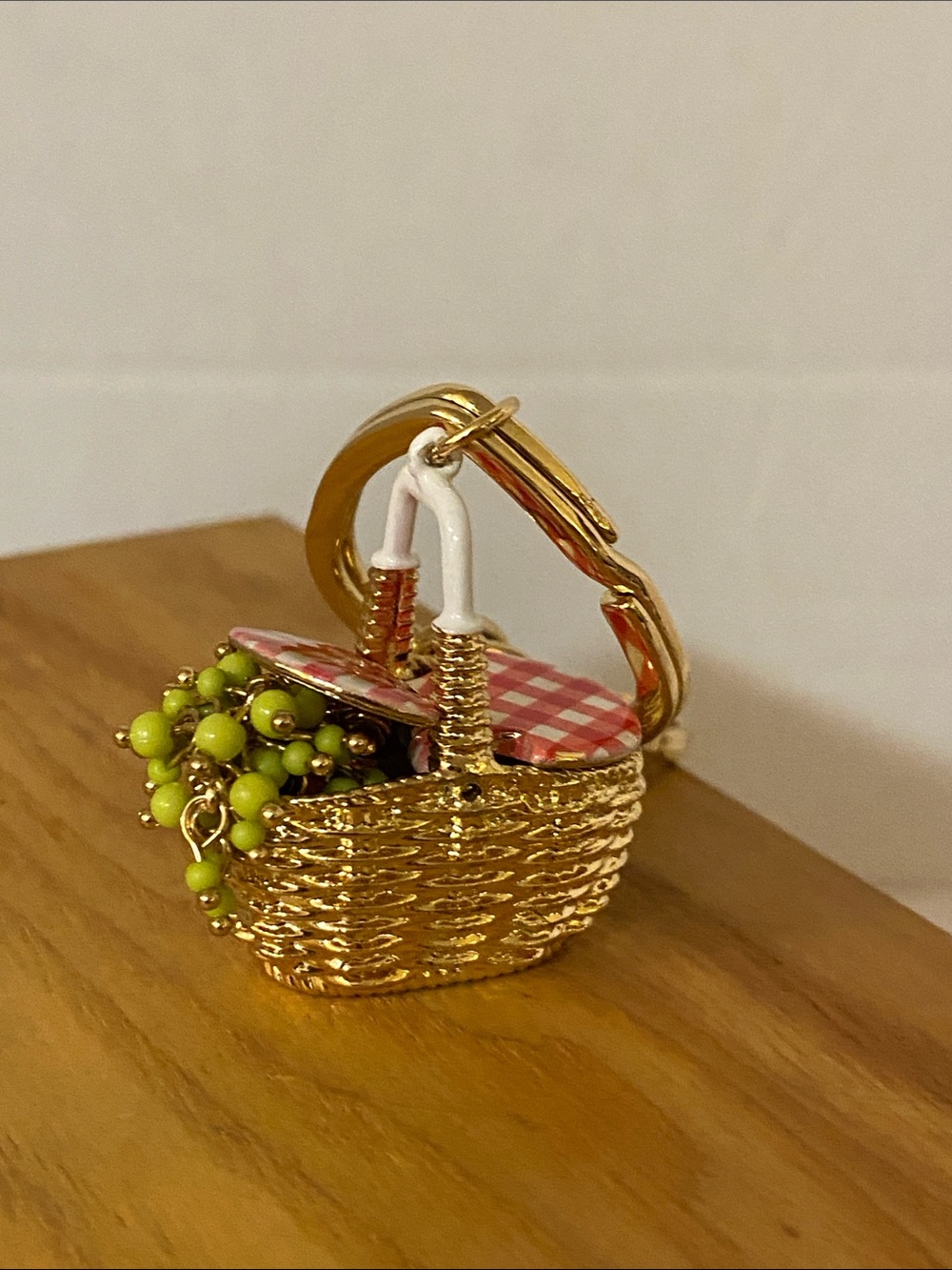 Gold Picnic Basket Keychain Bag Charm with Pink Wine Bottle and Lime Beads - Picture 7 of 9